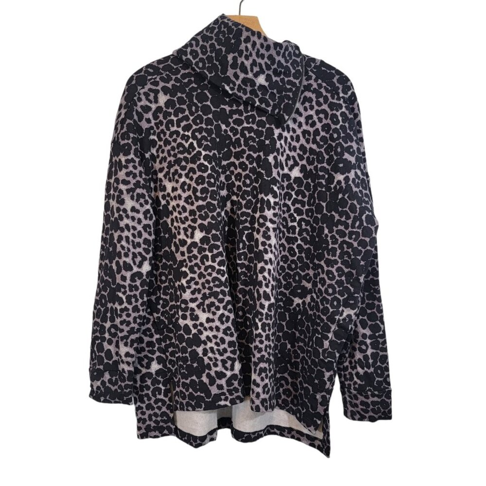 NWT Soft Surroundings Pullover Black‎ Animal Print Sz M Cowl Zip Neck NEW